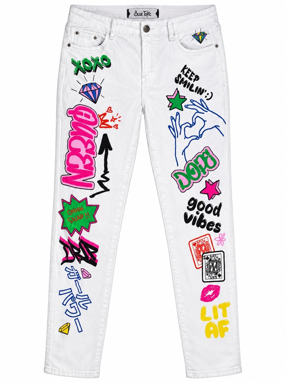Blue Topic White Boot-Cut Jeans with Colorful Graphic Stickers